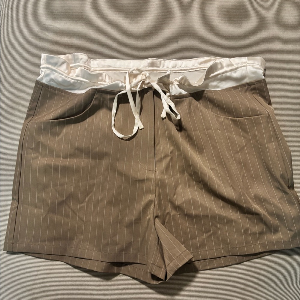 Striped Tan and White Drawstring Shorts